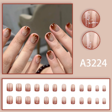 Press On Nails Amber Brown Gradient White Cross Star Glitter Glossy Short Square False Nails For Women Maillard Style