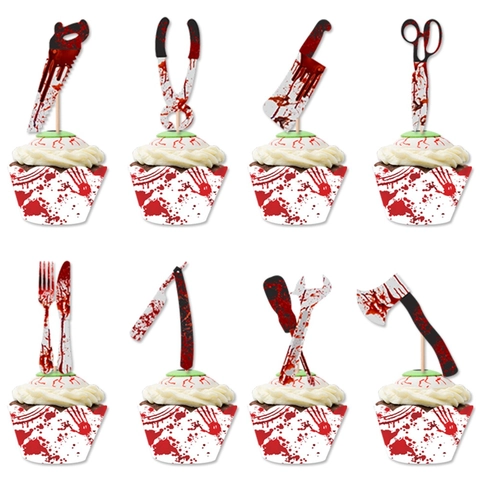 Decorazioni Per Torte E Involucri Halloween Forme Strumenti Insanguinati Orrore Carta Legno Festa