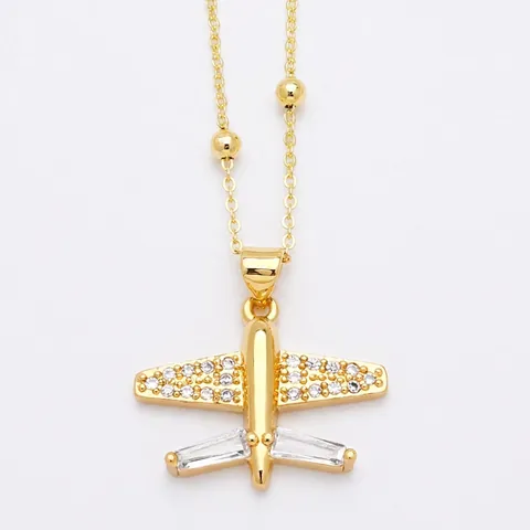 Airplane Planet Clock Pendant Necklace Copper 18K Gold Plated Cubic Zirconia Minimalist Clavicle Chain Jewelry For Women
