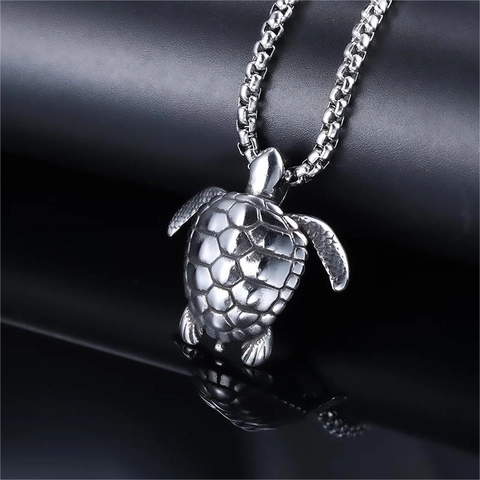 Sea Turtle Pendant Necklace Stainless Steel Animal Shape Gothic Punk Fashion Jewelry For Men Women Silver Tone