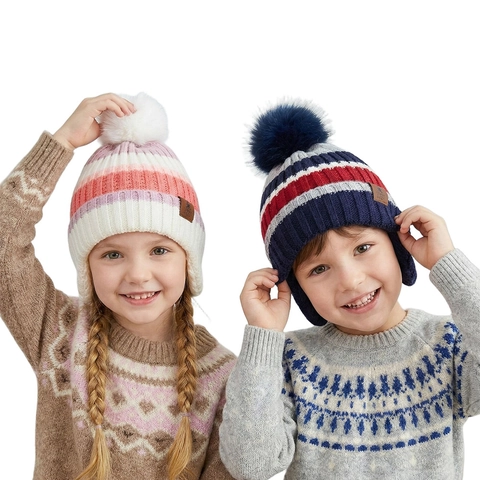Kids Knitted Beanie Hat With Faux Fur Pom Pom Striped Winter Warm Earflaps Protective Outdoor For Boys Girls