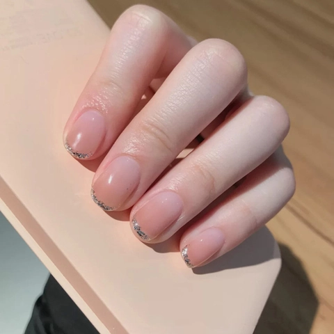 Korte Franse Gradiënt Press On Nagels Roze Nude Glitter Steentjes Afneembare Vierkante Kunstnagels Voor Dames