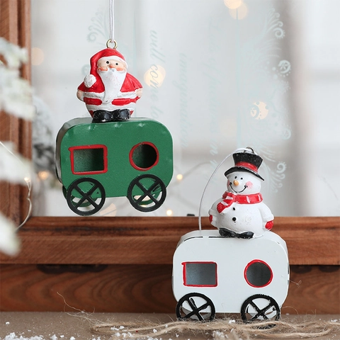 Weihnachtsanhänger Bemaltes Metall Weihnachtsmann Schneemann Zugwagen Feiertagsbaumschmuck Vintage Stil