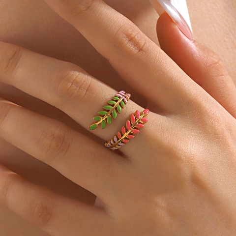 Mode Edelstahl Blatt Offener Ring Für Damen Gold Vergoldet Emaille Bunt Schwarz Weiß Verstellbar Finger Schmuck Geschenk