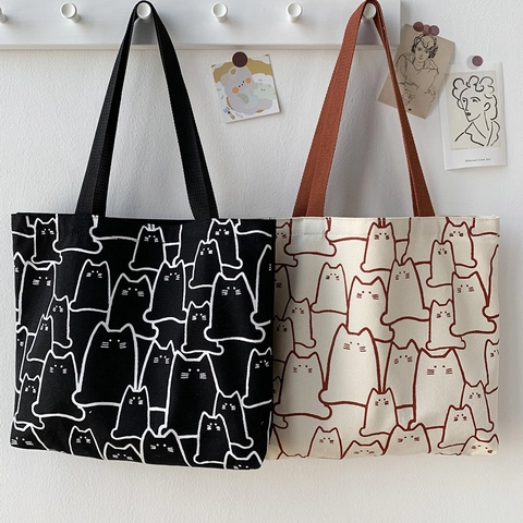 Large Capacity Canvas Tote Bag Cute Cartoon Cat Print Zipper Shoulder Handbag Artistic Student Casual