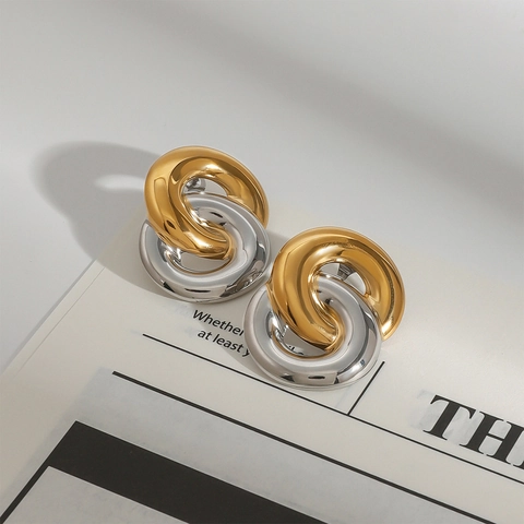 Interlocking Geometric Hoop Earrings 18K Gold Plated Stainless Steel Two Tone Oval Waterproof Hypoallergenic For Women