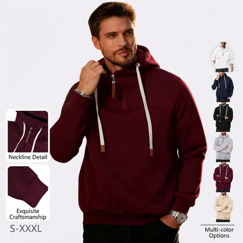Men Half Zipper Hoodie Fleece Lined Hooded Sweatshirt Casual Sports Solid Color Long Sleeve Pullover