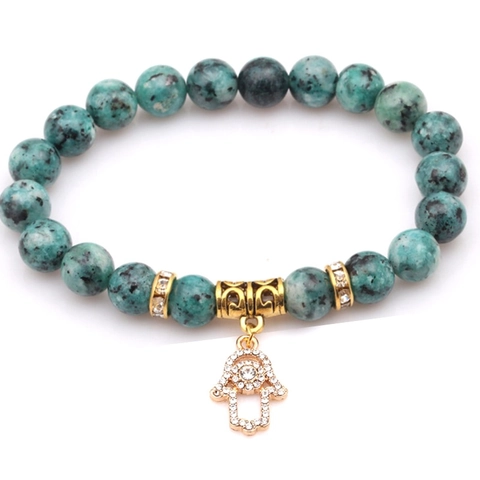 Handmade Natural Stone Beaded Bracelet With Alloy Hamsa Hand Om Symbol Rhinestone Pendants Vintage Boho Yoga Jewelry