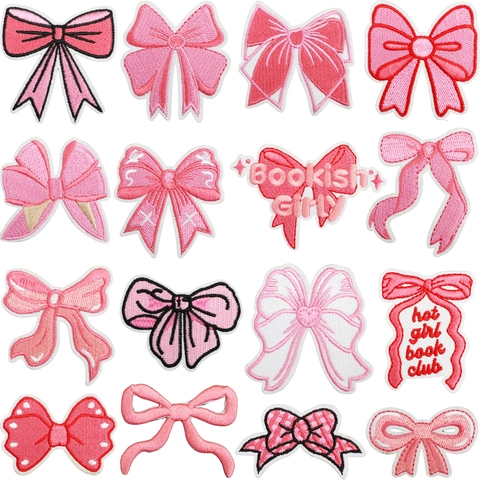 Bow Embroidered Patches Pink Coquette Heart Fabric Applique For Clothing Bag DIY Decoration Craft Sewing