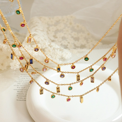 Colorful Cubic Zirconia Clavicle Necklace Titanium Steel Gold Plated Geometric Pendant Dopamine Style Jewelry For Women