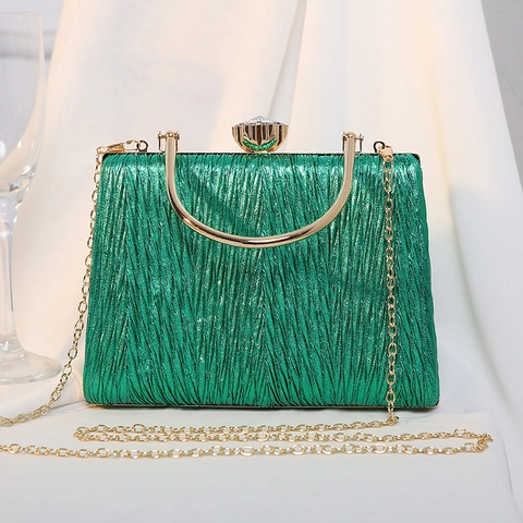 Evening Clutch Bag Pleated Metallic Handbag Gold Metal Handle Rhinestone Lock Elegant Party Purse For Women
