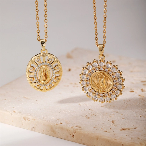 Collar Con Colgante De La Virgen María Cobre Circón Vintage Religioso Diseño De Sol Joyería Para Mujer Color Oro