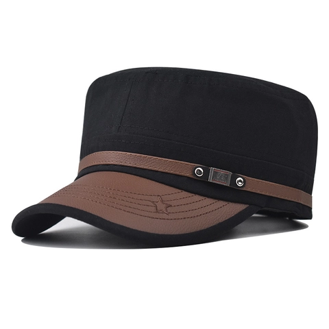 Men's Casual Cotton Military Cadet Cap Vintage Flat Top Sunshade Hat With Leather Trim Metal Badge Adjustable Outdoor Sport Cap