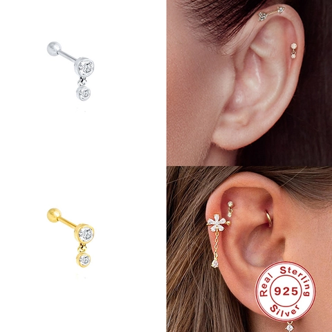 925 Sterling Silver Round Cubic Zirconia Screw Back Stud Earring For Cartilage Piercing Geometric Minimalist Trendy Jewelry
