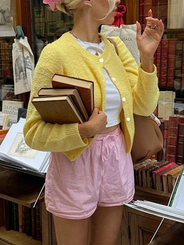 Cárdigan De Punto De Manga Larga Para Mujer Suéter Color Sólido Acrílico Con Botones Casual Streetwear Vintage