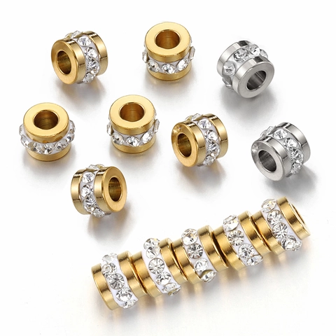 Cuentas Espaciadoras Cilíndricas De Orificio Grande De Acero Inoxidable Con Diamantes De Imitación Para Hacer Joyas DIY