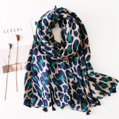 Sciarpa Lunga Da Donna Stampa Leopardata Scialle Grande Tocco Cotone Nappe Wrap Vintage Boho Blu Verde Cachi