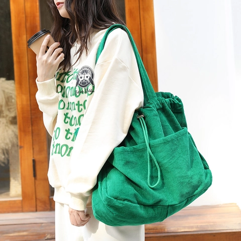 Retro Corduroy Schultertasche Große Kapazität Kordelzug Tote Handtasche Mit Taschen Japanischen Stil Casual Damen Achseltasche