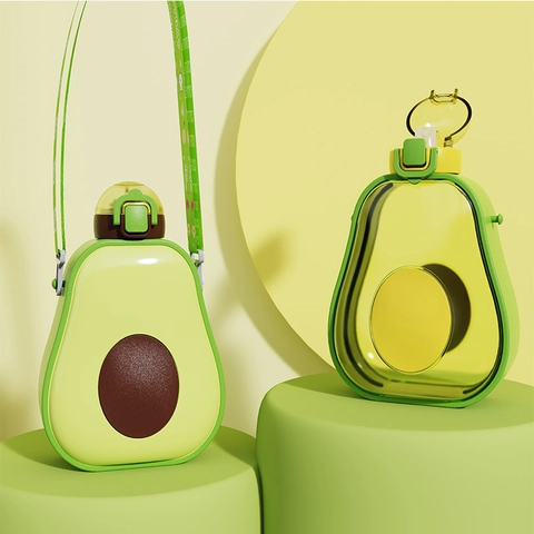 Cute Avocado Shaped Plastic Water Bottle With Straw And Adjustable Strap Leakproof Outdoor Portable For Children