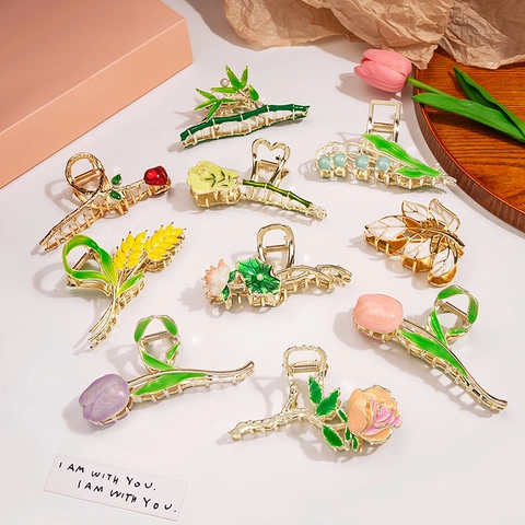 Floral Hair Claw Clip Alloy Enamel Flower Tulip Rose Lily Of The Valley Vintage Elegant Hair Accessories For Women