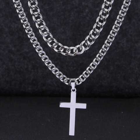 Layered Cross Pendant Necklace Stainless Steel Cuban And Twist Chain Hip Hop Jewelry For Men Women