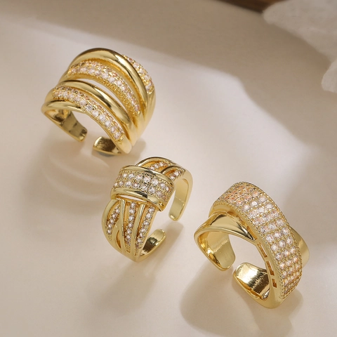 Trendy Double-Tone Plated Copper Geometric Open Ring For Women Adjustable Personalized Zirconia Inlaid Jewelry Ring