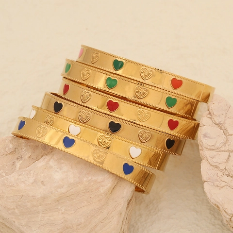Bracciale Rigido Cuore Vintage Acciaio Inossidabile Smalto Colorato Bordo Perlato Cerniera Gioielli Da Donna