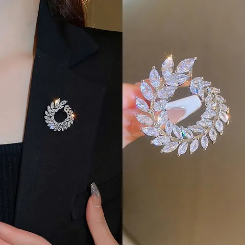 Elegante Spilla Corona Di Foglie In Zircone Marquise Rame Spilla Ramo Alloro Rotonda Per Donna Gioielli Accessorio