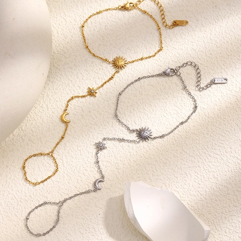Stainless Steel Slave Bracelet 18K Gold Plated Sun Moon Star Charms Finger Hand Harness Jewelry For Women