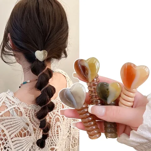 Spiral Telephone Wire Hair Ties Resin Heart Bow Flower Accents Elastic Ponytail Braid Holder No Crease For Women
