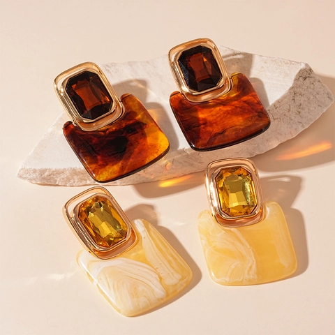 Vintage Square Geometric Stud Earrings Resin Rhinestone Alloy 925 Sterling Silver Earring Post Retro Exaggerated Style