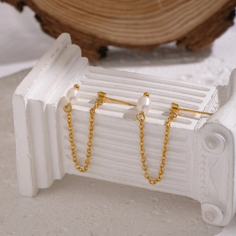 Pendientes Minimalistas De Cadena Larga Con Borla Acero Inoxidable Chapado En Oro Impermeable Perla Artificial Y Circonita Para Mujer