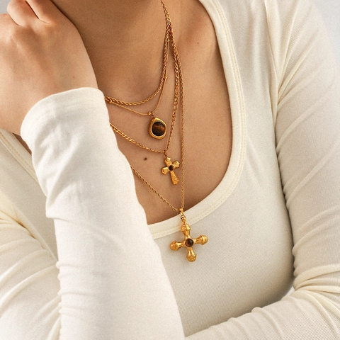 Collana Con Ciondolo A Croce Acciaio Inossidabile Pietra Occhio Di Tigre Multistrato Placcato Oro Gioielli Per Donna