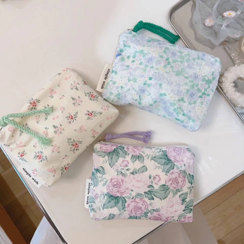 Floral Cotton Coin Purse Mini Zipper Wallet Portable Small Pouch Bag For Cards Earphones Fresh Pastoral Style Women