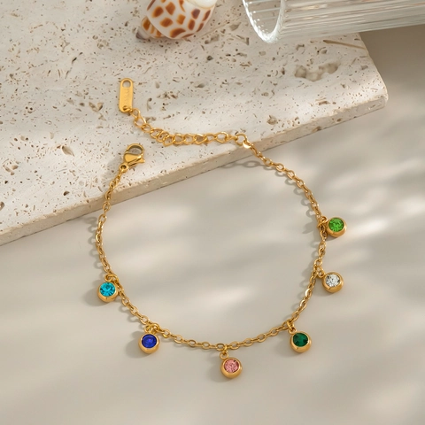 Stainless Steel Bracelet With Colorful Round Zircon Pendant 18K Gold Plated Multi Color Gemstone Charm For Women