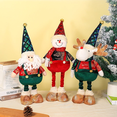 Christmas Santa Snowman Reindeer Telescopic Leg Plush Doll Ornament Sequin Glitter Hat Festive Home Window Decoration
