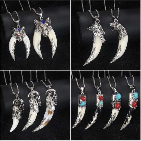 Wolf Tooth Pendant Necklace With Stainless Steel Chain Alloy Animal Head Acrylic Tooth Gothic Punk Jewelry For Men