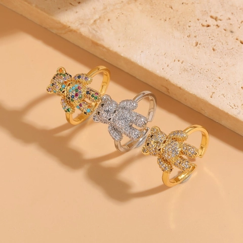 Fashion Copper Zirconia Teddy Bear Open Ring For Women Elegant Gold Silver Plated Animal Bear Adjustable Finger Ring Jewelry Gift