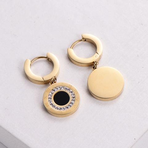 Hoop Oorbellen Voor Dames 316L Roestvrij Staal 18K Verguld Rond Zwart Email Romeinse Cijfers Strass Minimalistisch