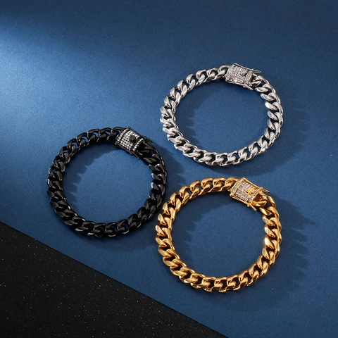 Pulsera De Cadena Cubana De Acero Inoxidable Con Cierre De Cristales Joyería Hip Hop Para Hombre