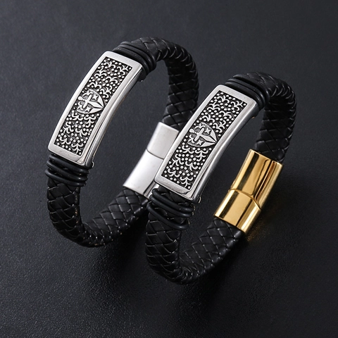 Bracciale In Pelle Intrecciata Da Uomo Con Chiusura Magnetica In Acciaio Inossidabile 304 Croce Scudo Gioielli