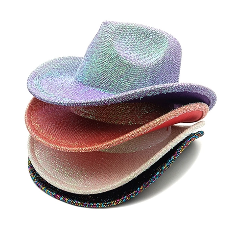 Glitter Sequin Western Cowboy Hat Sparkle Wide Brim Holographic Metallic Festive Party Stage Performance Unisex Accessory