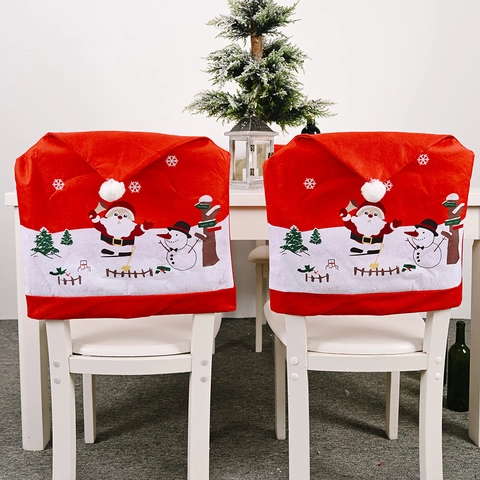 Christmas Chair Back Covers Non Woven Fabric Santa Claus Snowman Printed Red White Festive Dining Room Table Decor