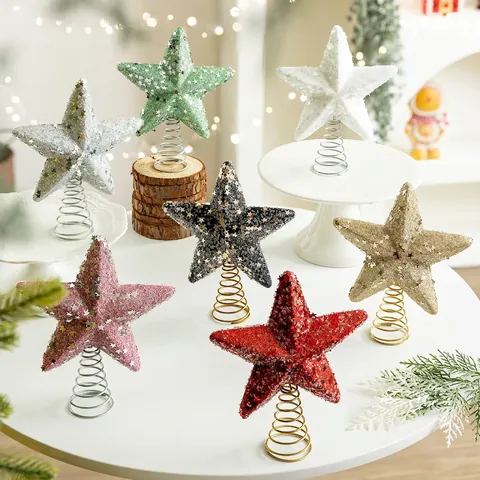 Christmas Tree Topper Star Foam Iron Sparkling Glitter Pentagram Shape Metal Spring Base Holiday Home Decor Modern