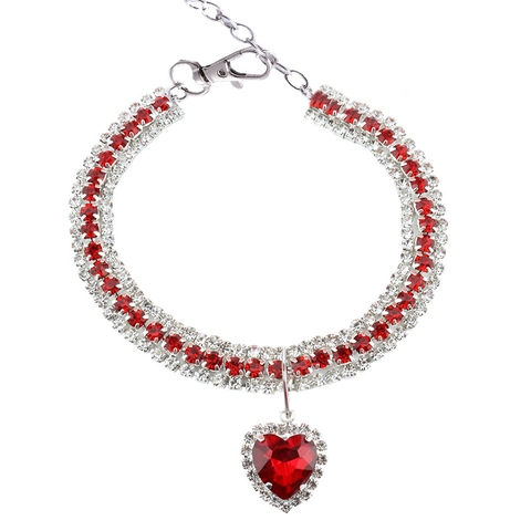 Pet Collar Necklace Luxury Rhinestone Heart Gemstone Pendant Adjustable Jewelry For Cats Small Dogs Sparkling Princess Style