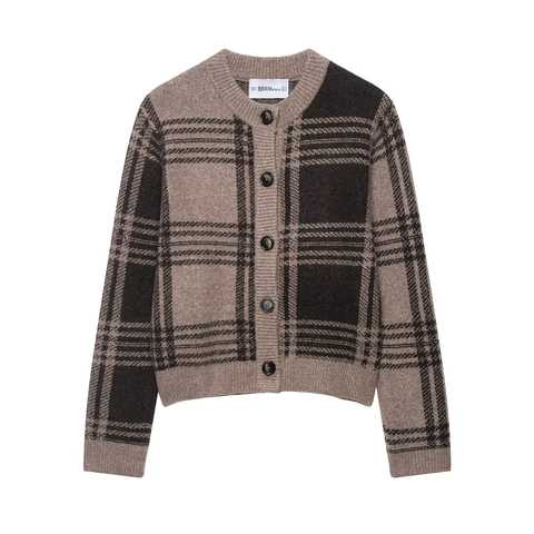 Cárdigan De Punto A Cuadros Vintage Para Mujer Suéter Cuello Redondo Manga Larga Con Botones Poliéster Elegante Corto