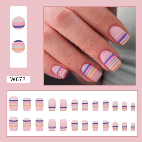 Matte Rainbow Stripe Press On Nails Colorful Long Square French Cute Summer Niche INS Style For Women
