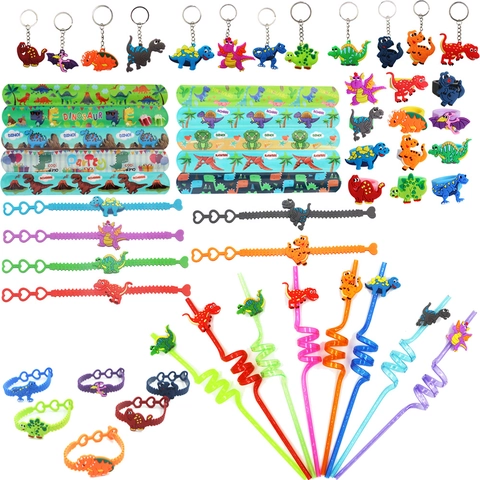 Dinosaur Party Favor Kids Cartoon Dinosaur PVC Rings Silicone Bracelets Keychains And Spiral Straws Colorful Novelty Gifts
