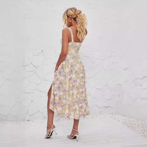 Abito Da Donna Con Cinturino Stampa Floreale Senza Maniche Scollo Quadrato Coulisse Abito Midi Spacco Laterale Vacanze Estive