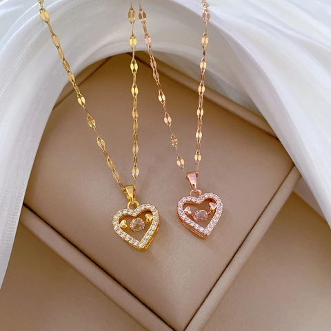 Herz Anhänger Halskette Für Frauen Titanstahl Kette Kupfer Mikro Pave Zirkonia Tanzender Stein Eleganter Schmuck